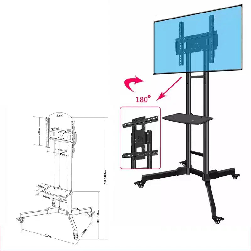Supporto TV mobile per TV da 32-65 pollici, inclinazione di 15~+15, carrello TV con capacità fino a 50 kg, supporto monitor mobile su ruote con ripiano per laptop per la casa