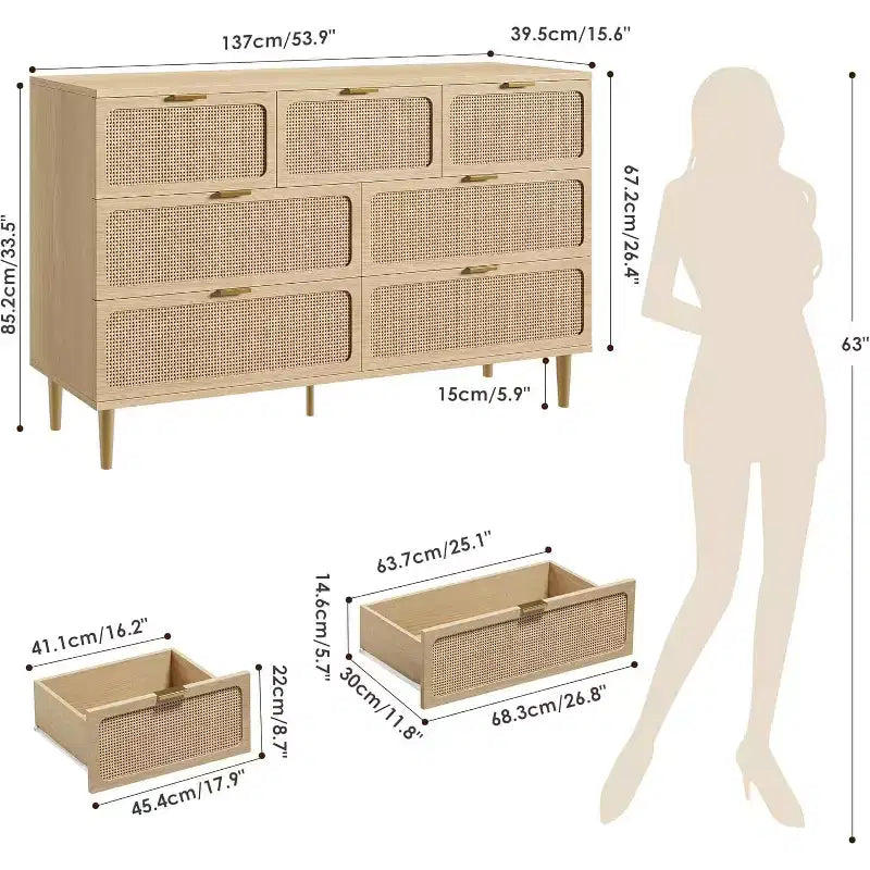 Cassettiera alta in Rattan a 7 cassetti, con piano largo e spazio profondo, per camera da letto, soggiorno e corridoio, colore nero