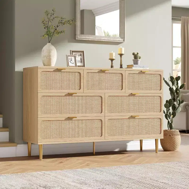 Cassettiera alta in Rattan a 7 cassetti, con piano largo e spazio profondo, per camera da letto, soggiorno e corridoio, colore nero