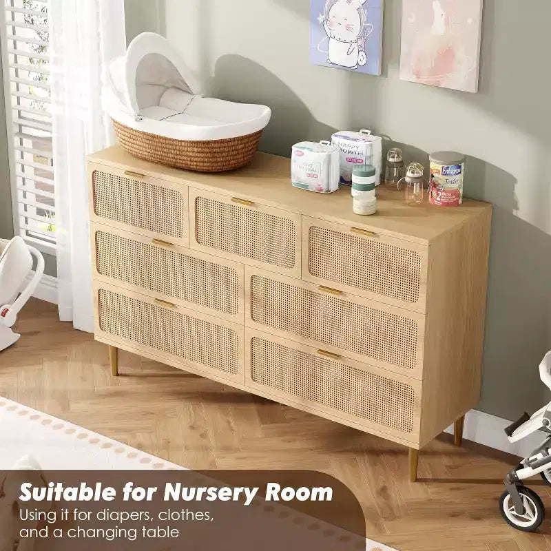 Cassettiera alta in Rattan a 7 cassetti, con piano largo e spazio profondo, per camera da letto, soggiorno e corridoio, colore nero