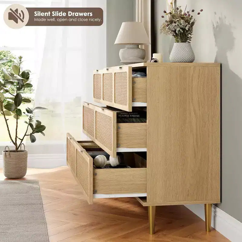 Cassettiera alta in Rattan a 7 cassetti, con piano largo e spazio profondo, per camera da letto, soggiorno e corridoio, colore nero