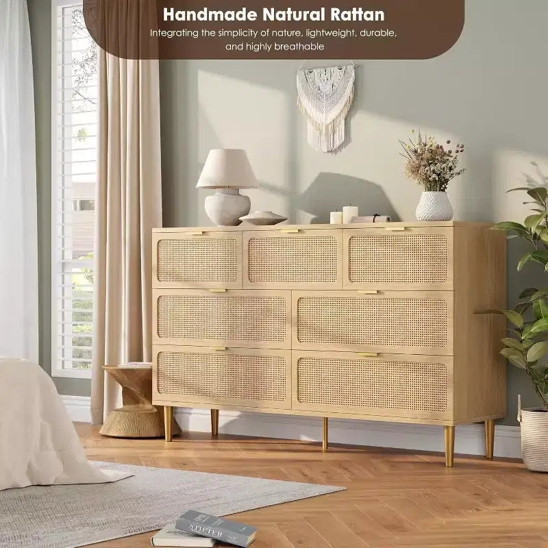 Cassettiera alta in Rattan a 7 cassetti, con piano largo e spazio profondo, per camera da letto, soggiorno e corridoio, colore nero