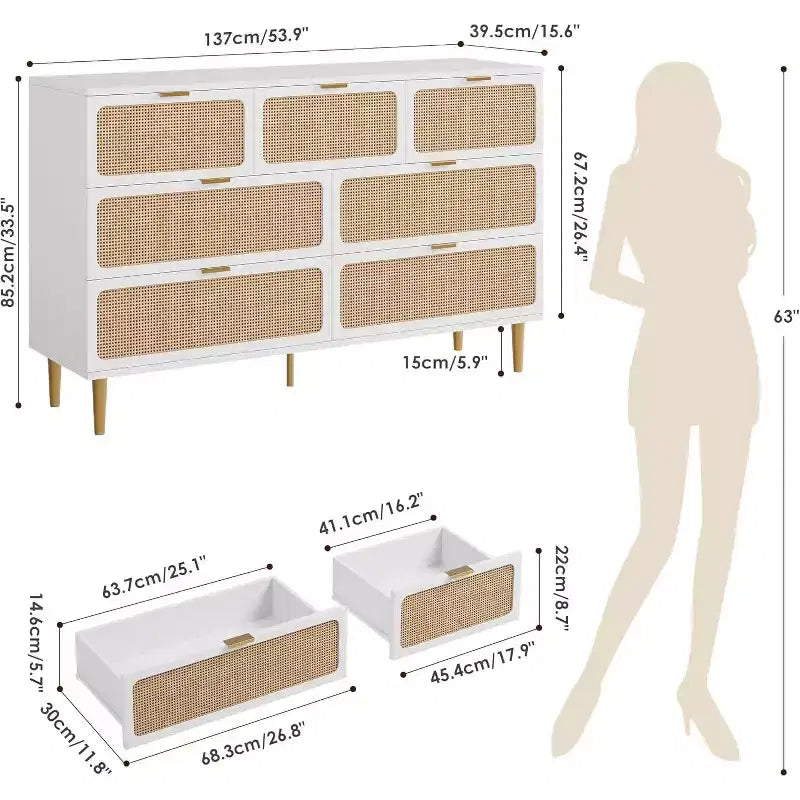 Cassettiera alta in Rattan a 7 cassetti, con piano largo e spazio profondo, per camera da letto, soggiorno e corridoio, colore nero
