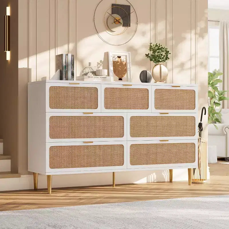 Cassettiera alta in Rattan a 7 cassetti, con piano largo e spazio profondo, per camera da letto, soggiorno e corridoio, colore nero