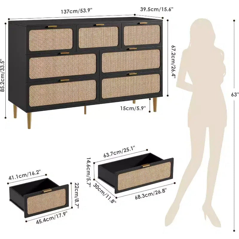 Cassettiera alta in Rattan a 7 cassetti, con piano largo e spazio profondo, per camera da letto, soggiorno e corridoio, colore nero