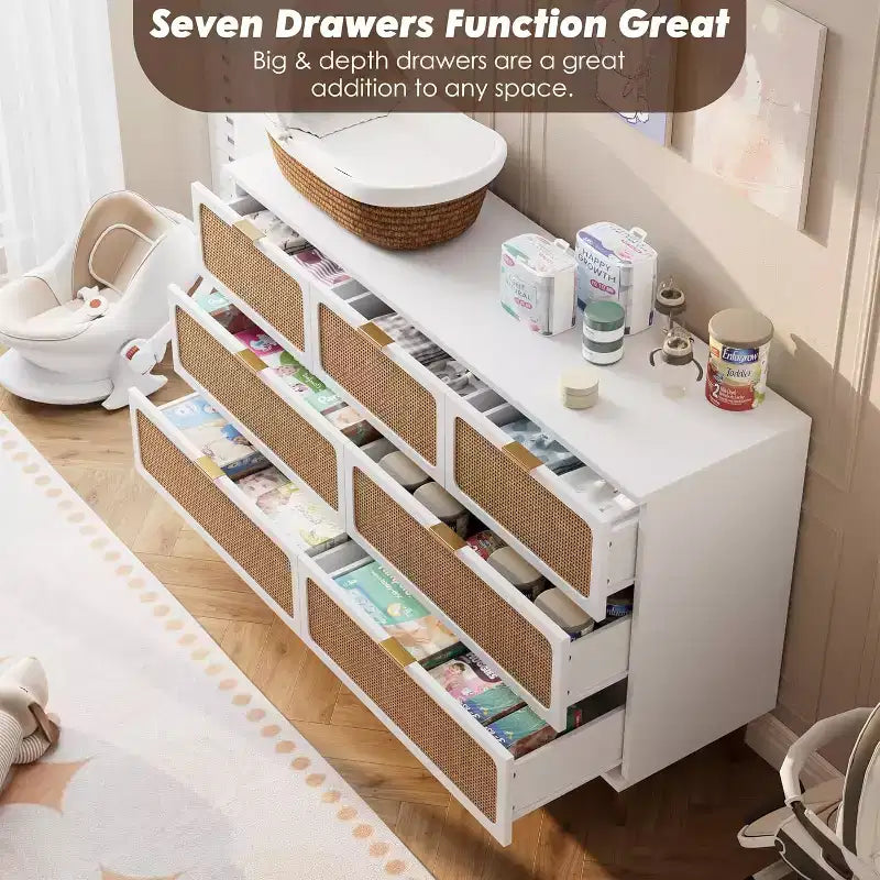 Cassettiera alta in Rattan a 7 cassetti, con piano largo e spazio profondo, per camera da letto, soggiorno e corridoio, colore nero