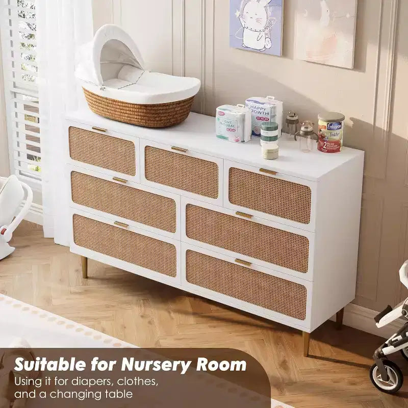Cassettiera alta in Rattan a 7 cassetti, con piano largo e spazio profondo, per camera da letto, soggiorno e corridoio, colore nero