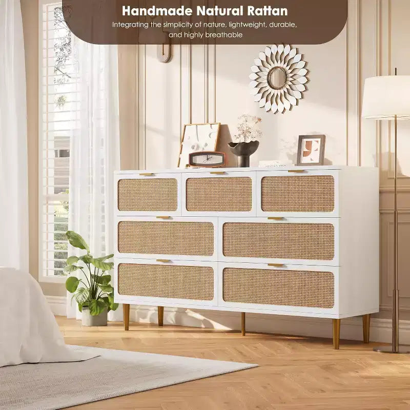 Cassettiera alta in Rattan a 7 cassetti, con piano largo e spazio profondo, per camera da letto, soggiorno e corridoio, colore nero