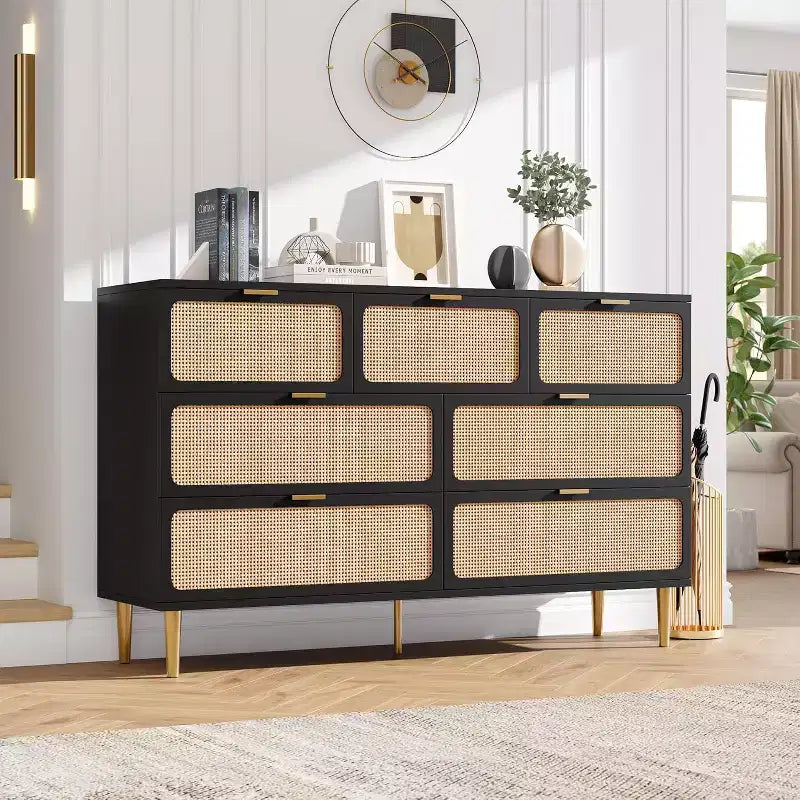 Cassettiera alta in Rattan a 7 cassetti, con piano largo e spazio profondo, per camera da letto, soggiorno e corridoio, colore nero