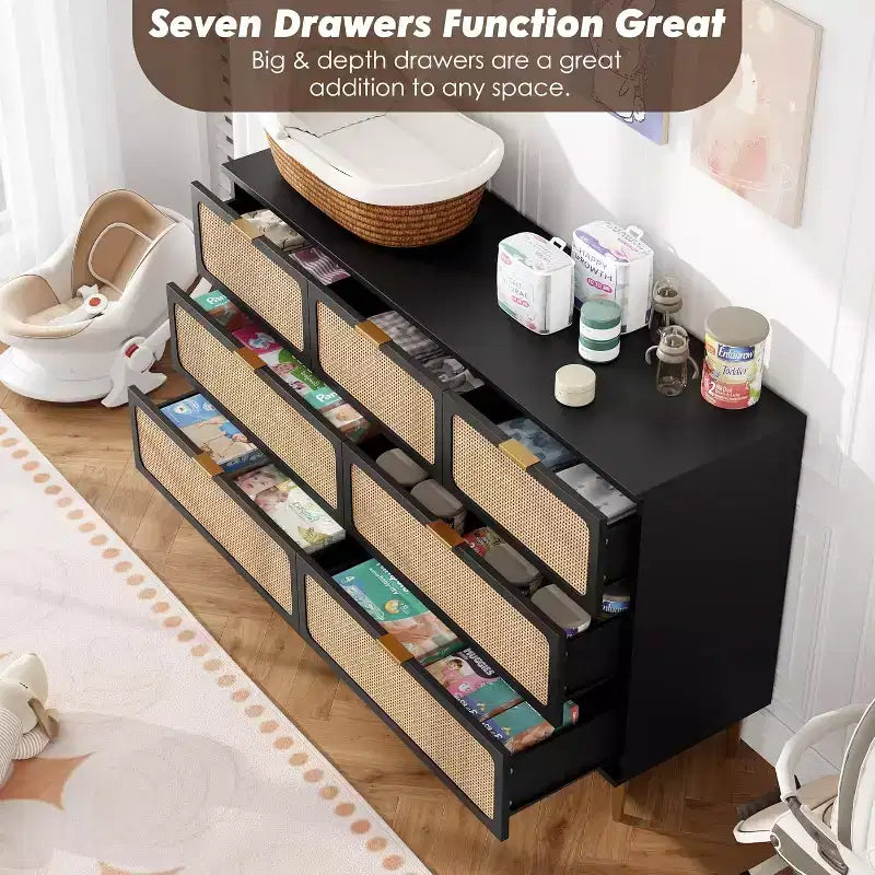 Cassettiera alta in Rattan a 7 cassetti, con piano largo e spazio profondo, per camera da letto, soggiorno e corridoio, colore nero