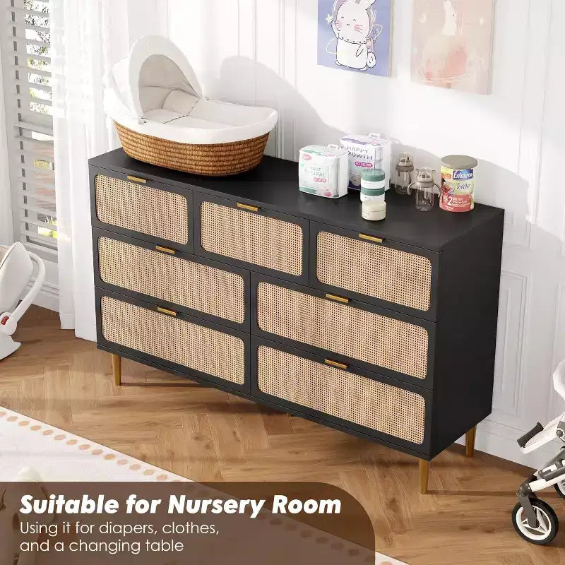 Cassettiera alta in Rattan a 7 cassetti, con piano largo e spazio profondo, per camera da letto, soggiorno e corridoio, colore nero