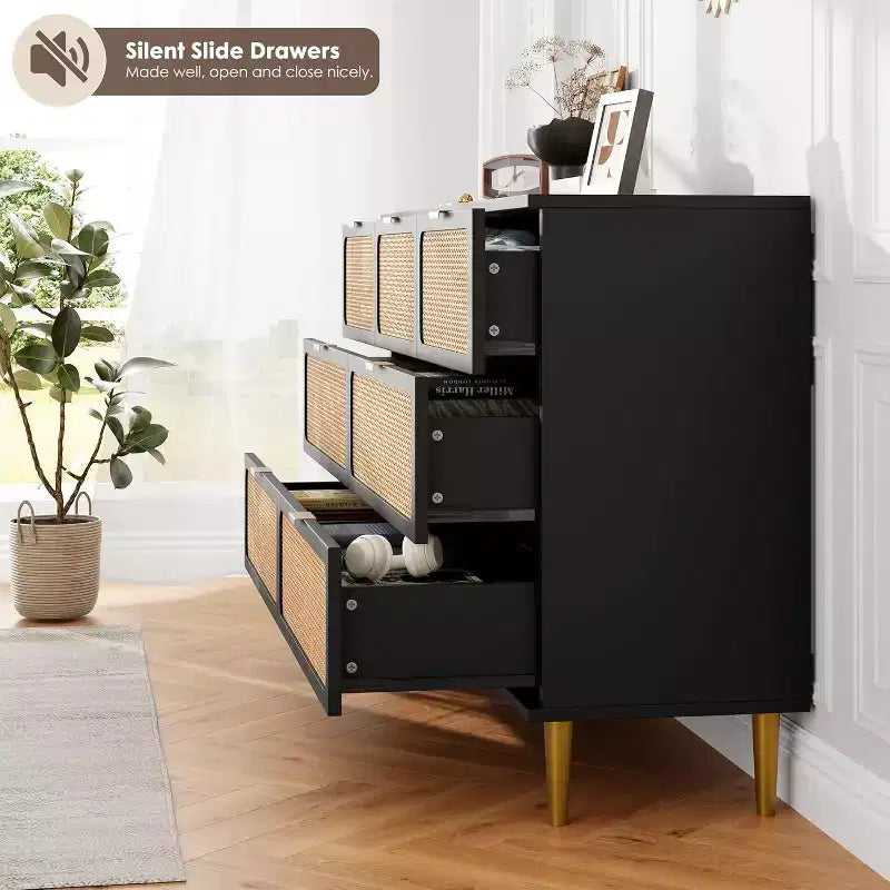 Cassettiera alta in Rattan a 7 cassetti, con piano largo e spazio profondo, per camera da letto, soggiorno e corridoio, colore nero