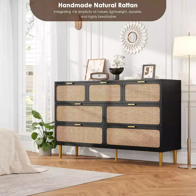 Cassettiera alta in Rattan a 7 cassetti, con piano largo e spazio profondo, per camera da letto, soggiorno e corridoio, colore nero
