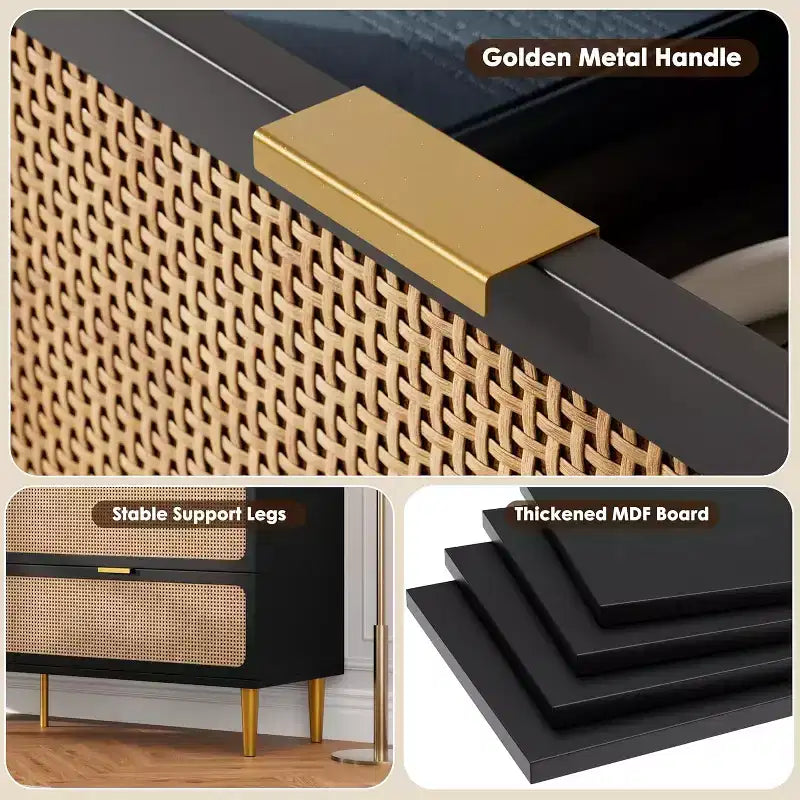 Cassettiera alta in Rattan a 7 cassetti, con piano largo e spazio profondo, per camera da letto, soggiorno e corridoio, colore nero