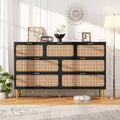 7-Drawer Rattan Dresser, Tall Wood Chest with Wide Top and Deep Storage for Bedroom, Living Room, Hallway, Black