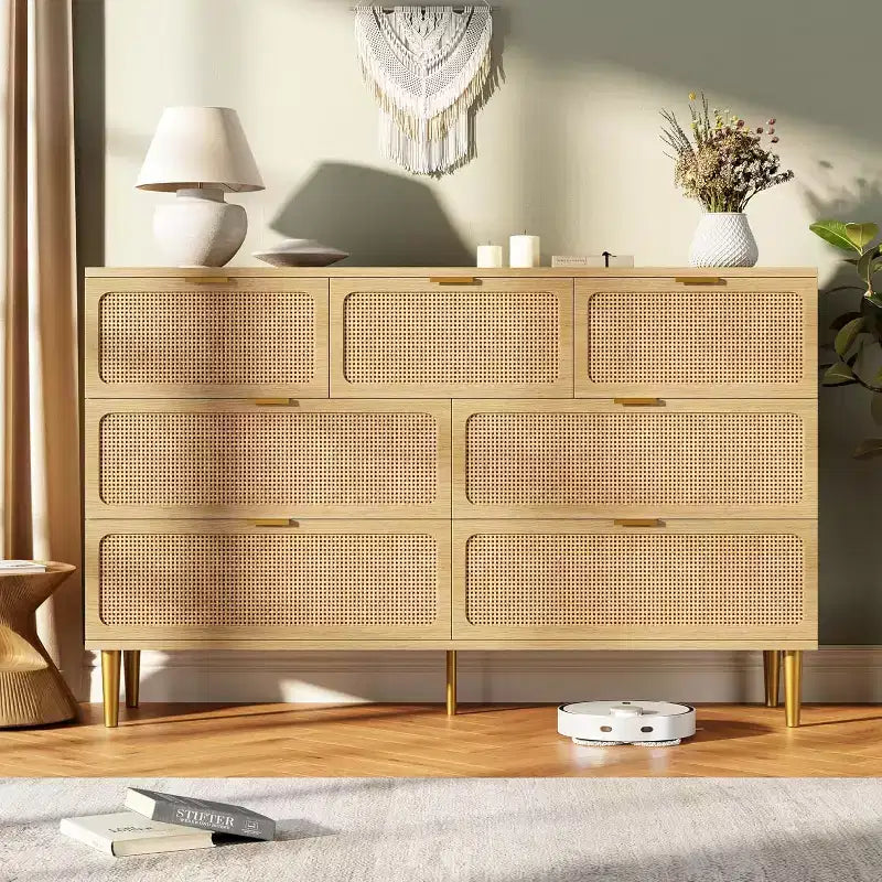 Cassettiera alta in Rattan a 7 cassetti, con piano largo e spazio profondo, per camera da letto, soggiorno e corridoio, colore nero