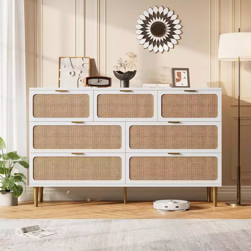 Cassettiera alta in Rattan a 7 cassetti, con piano largo e spazio profondo, per camera da letto, soggiorno e corridoio, colore nero