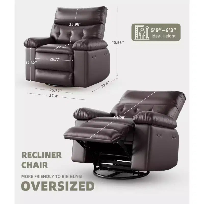 27 Poltrona reclinabile oversize in pelle PU, reclinabile manuale con imbottitura in spugna 1.5X (per soggiorno/camera da letto adulti)