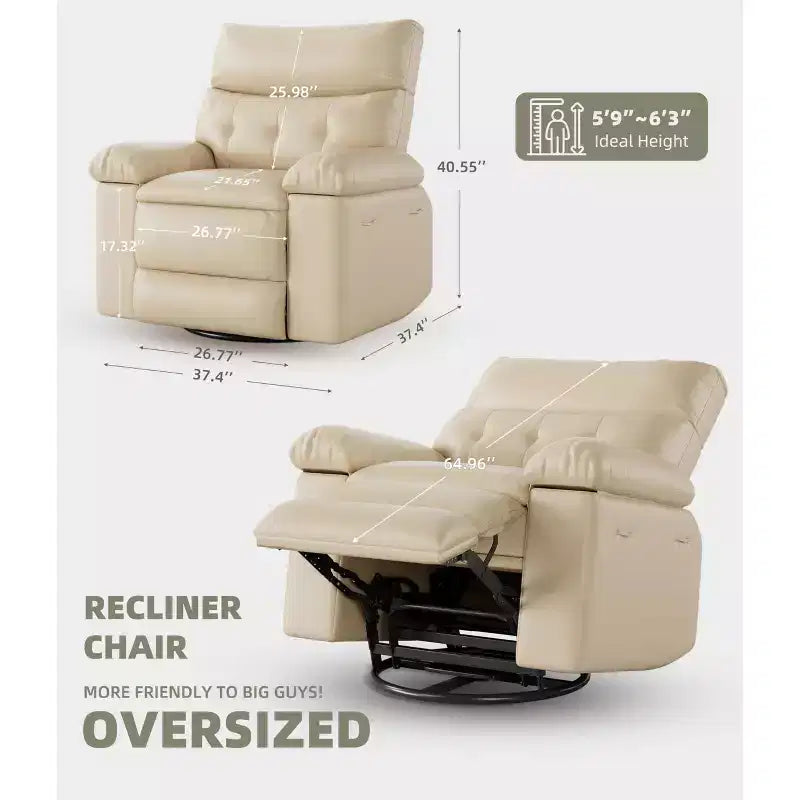27 Poltrona reclinabile oversize in pelle PU, reclinabile manuale con imbottitura in spugna 1.5X (per soggiorno/camera da letto adulti)
