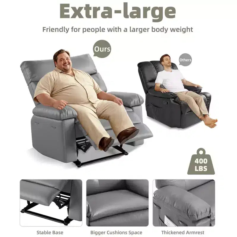 27 Poltrona reclinabile oversize in pelle PU, reclinabile manuale con imbottitura in spugna 1.5X (per soggiorno/camera da letto adulti)