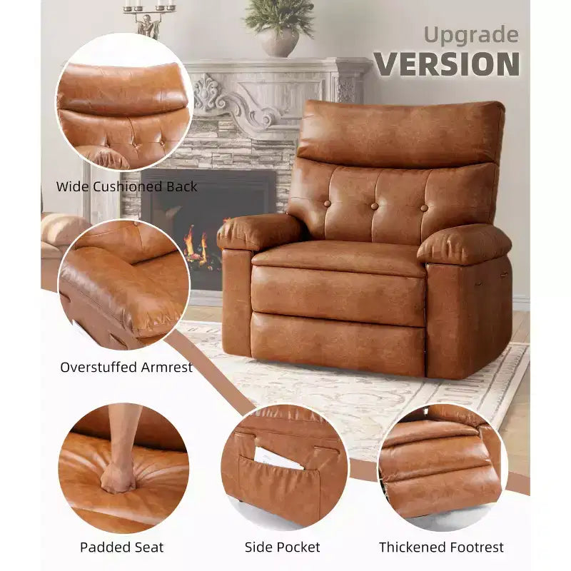 27 Poltrona reclinabile oversize in pelle PU, reclinabile manuale con imbottitura in spugna 1.5X (per soggiorno/camera da letto adulti)