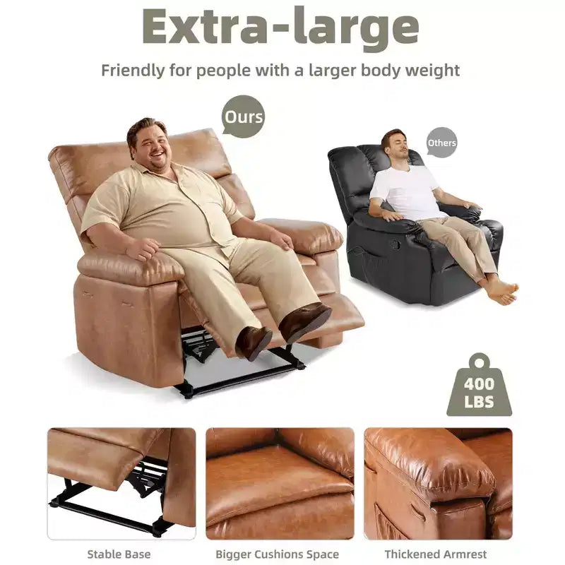 27 Poltrona reclinabile oversize in pelle PU, reclinabile manuale con imbottitura in spugna 1.5X (per soggiorno/camera da letto adulti)