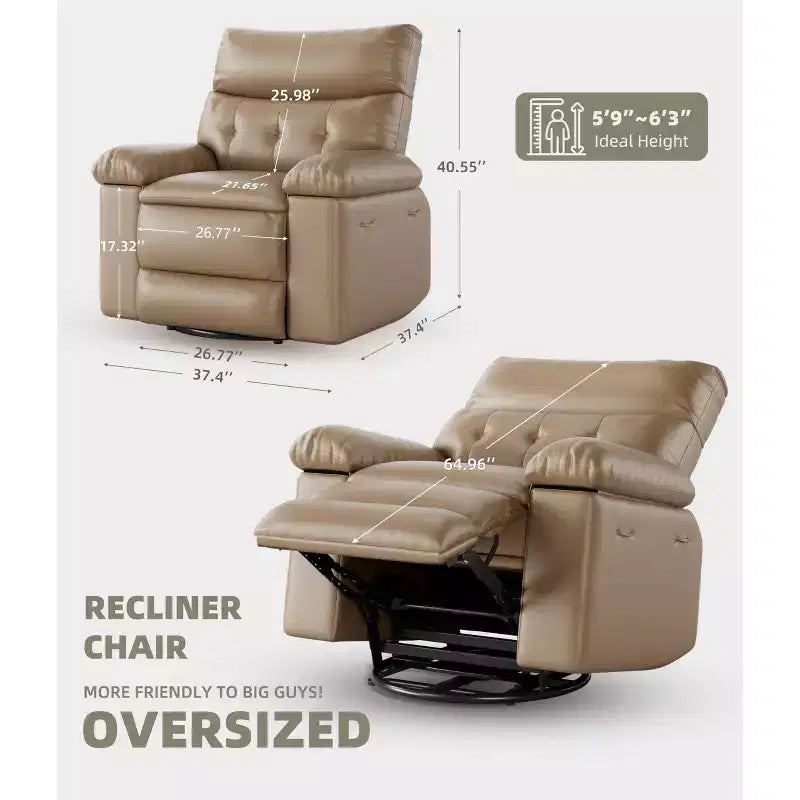 27 Poltrona reclinabile oversize in pelle PU, reclinabile manuale con imbottitura in spugna 1.5X (per soggiorno/camera da letto adulti)