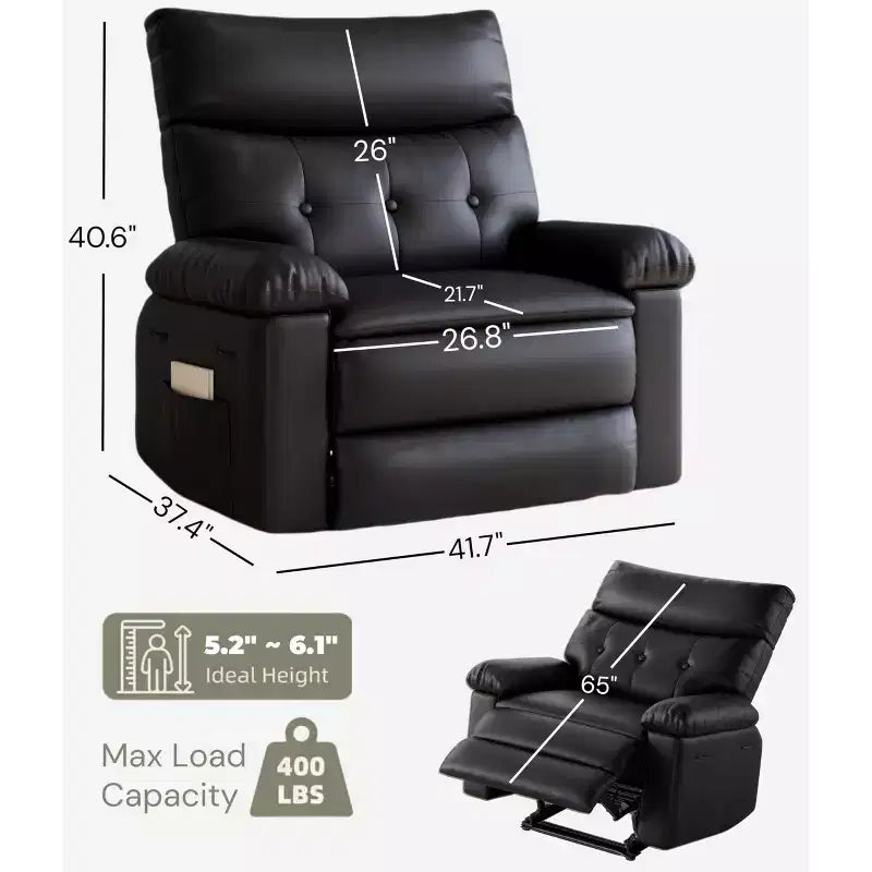 27 Poltrona reclinabile oversize in pelle PU, reclinabile manuale con imbottitura in spugna 1.5X (per soggiorno/camera da letto adulti)