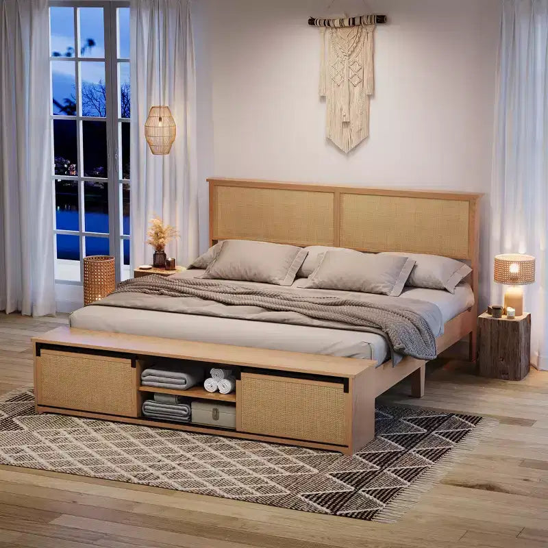 Struttura letto matrimoniale in rattan naturale con testiera in legno e panca contenitore e luci LED, illuminazione controllabile tramite app, silenziosa, non necessita di rete a molle