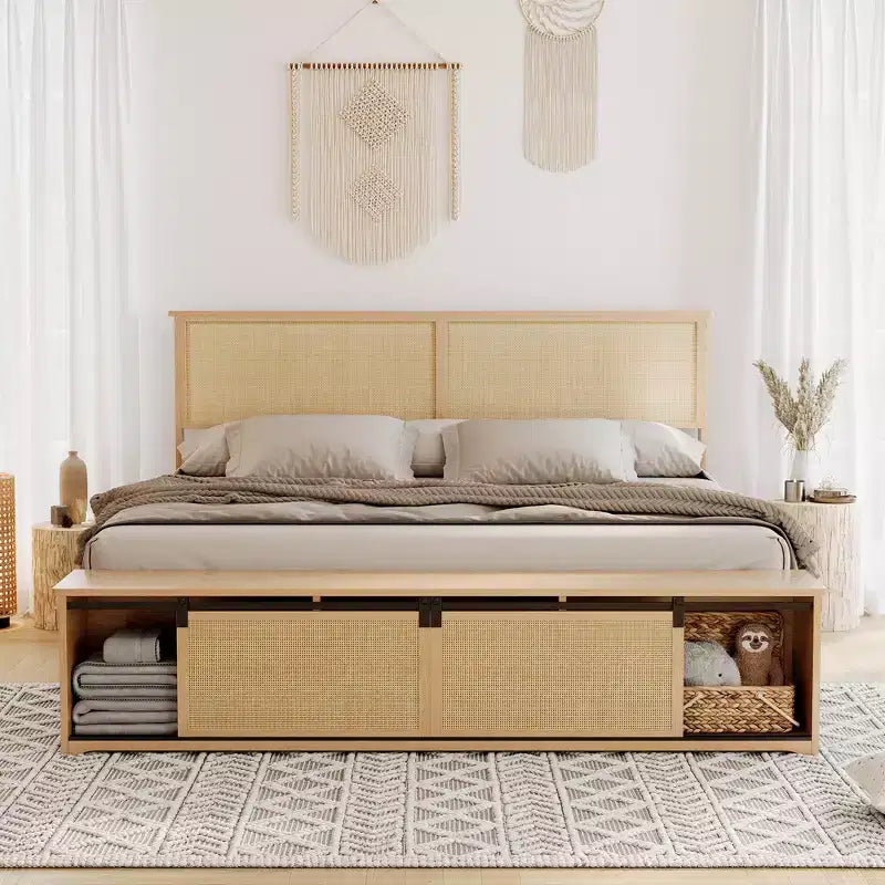 Struttura letto matrimoniale in rattan naturale con testiera in legno e panca contenitore e luci LED, illuminazione controllabile tramite app, silenziosa, non necessita di rete a molle