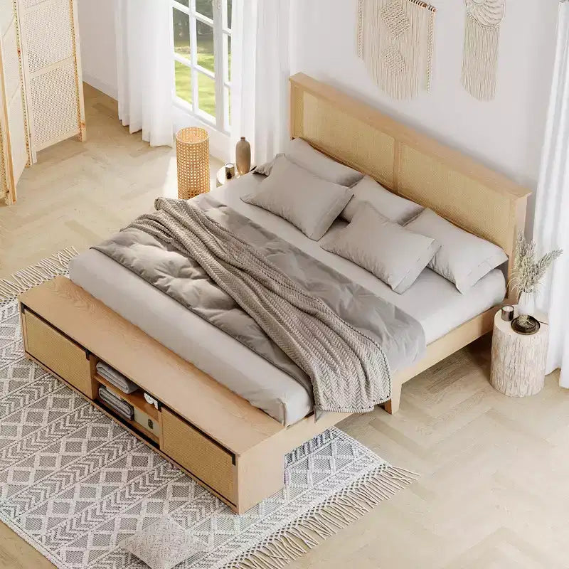 Struttura letto matrimoniale in rattan naturale con testiera in legno e panca contenitore e luci LED, illuminazione controllabile tramite app, silenziosa, non necessita di rete a molle