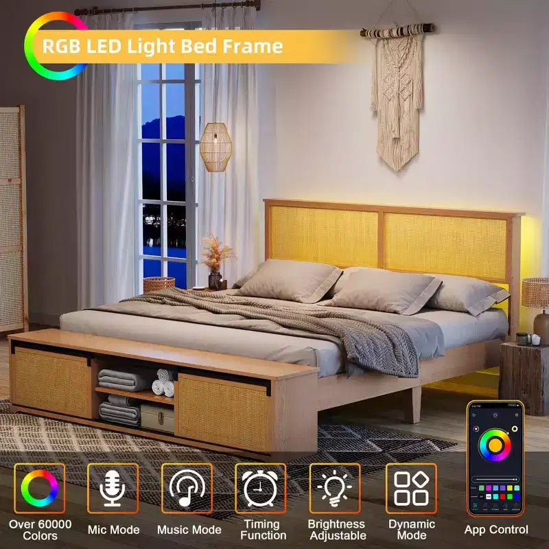 Struttura letto matrimoniale in rattan naturale con testiera in legno e panca contenitore e luci LED, illuminazione controllabile tramite app, silenziosa, non necessita di rete a molle