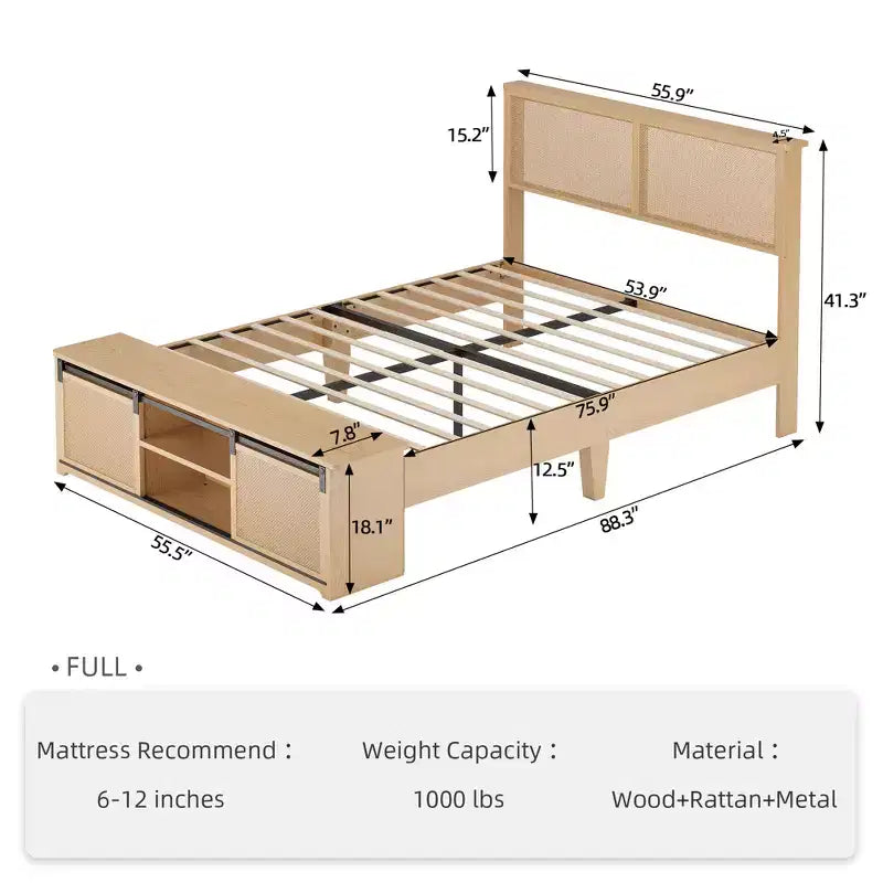 Struttura letto matrimoniale in rattan naturale con testiera in legno e panca contenitore e luci LED, illuminazione controllabile tramite app, silenziosa, non necessita di rete a molle
