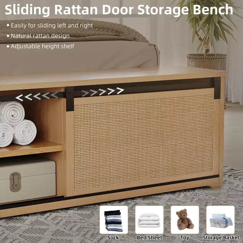 Struttura letto matrimoniale in rattan naturale con testiera in legno e panca contenitore e luci LED, illuminazione controllabile tramite app, silenziosa, non necessita di rete a molle