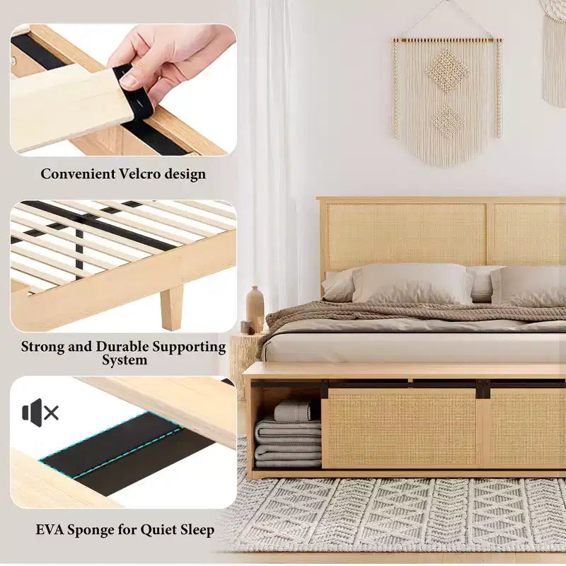 Struttura letto matrimoniale in rattan naturale con testiera in legno e panca contenitore e luci LED, illuminazione controllabile tramite app, silenziosa, non necessita di rete a molle