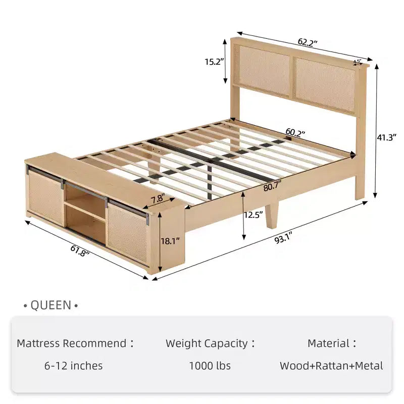 Struttura letto matrimoniale in rattan naturale con testiera in legno e panca contenitore e luci LED, illuminazione controllabile tramite app, silenziosa, non necessita di rete a molle