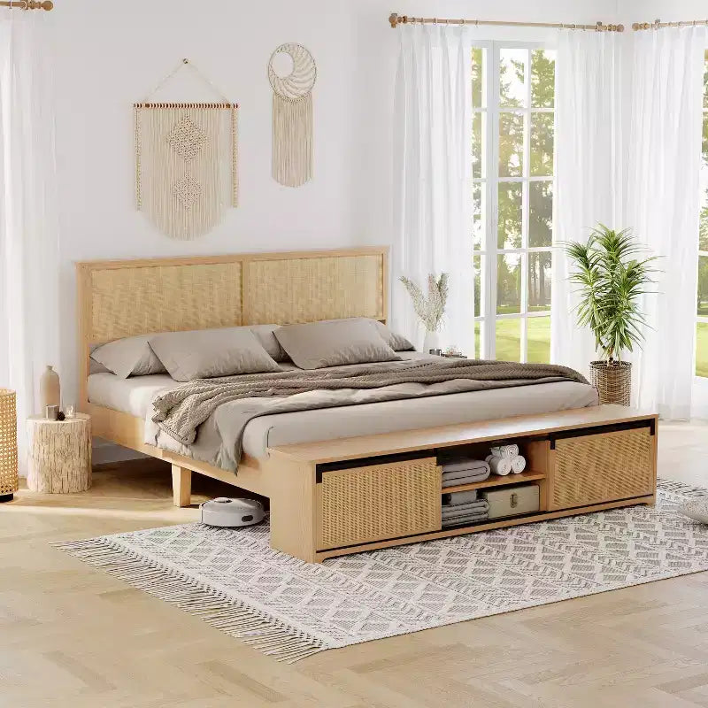Natural Rattan Queen Bed Frame with Wooden Headboard & Storage Bench & LED Lights, App-Controlled Lighting, Noise Free, No Box Spring Needed