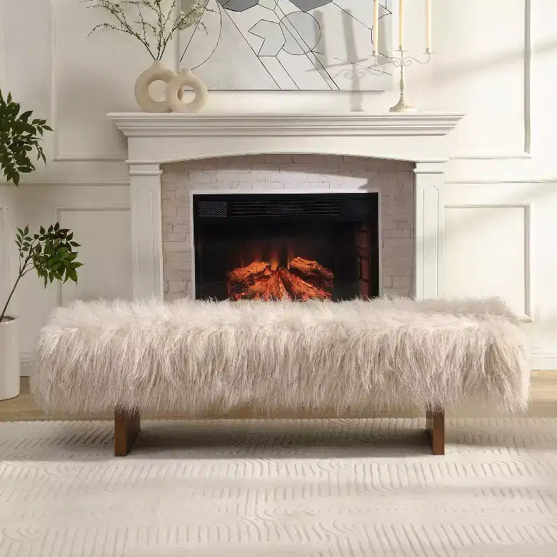 Upholstered Ottoman Bench, Sturdy Long-Haired Faux Wool Bench with Solid Rubber Wood Legs, Brown -ModernLuxe