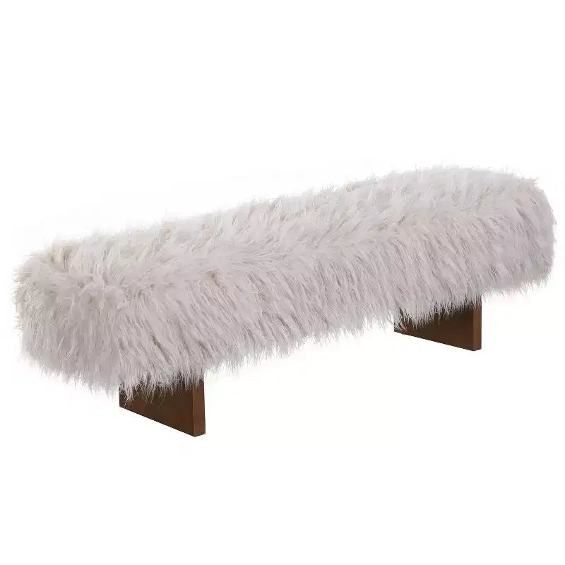Panca pouf imbottita Robusta panca in finta lana a pelo lungo con gambe in legno massello di gomma Marrone