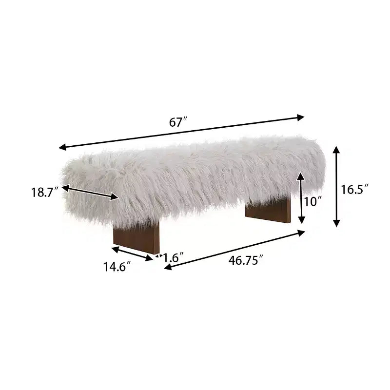 Panca pouf imbottita Robusta panca in finta lana a pelo lungo con gambe in legno massello di gomma Marrone