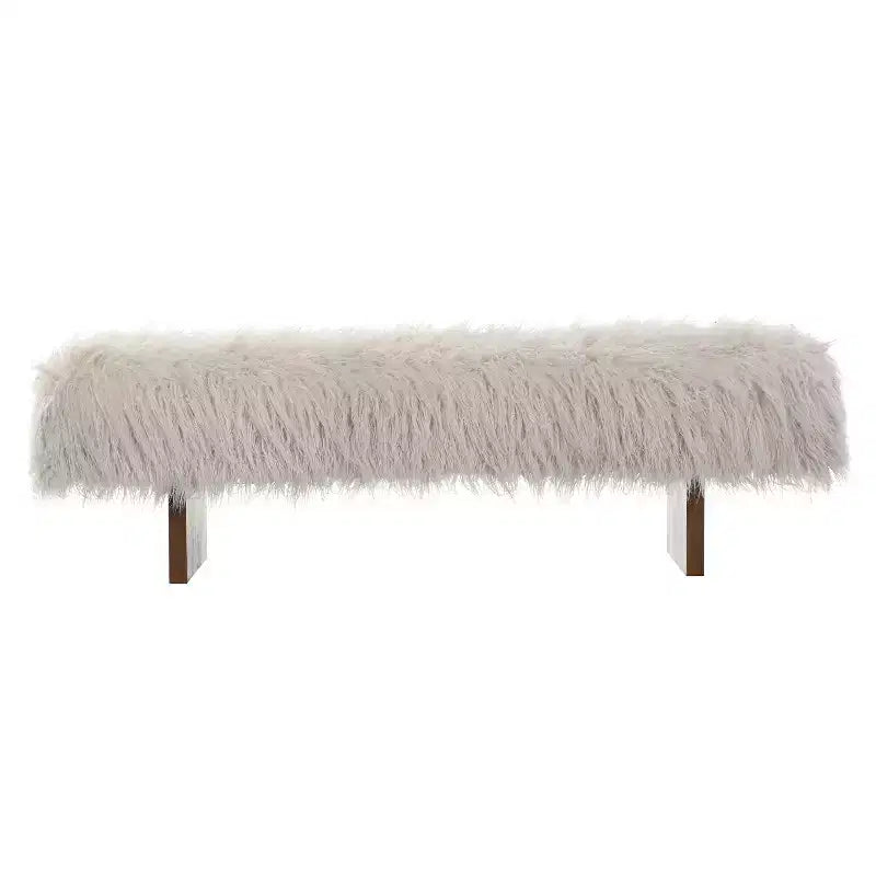 Panca pouf imbottita Robusta panca in finta lana a pelo lungo con gambe in legno massello di gomma Marrone