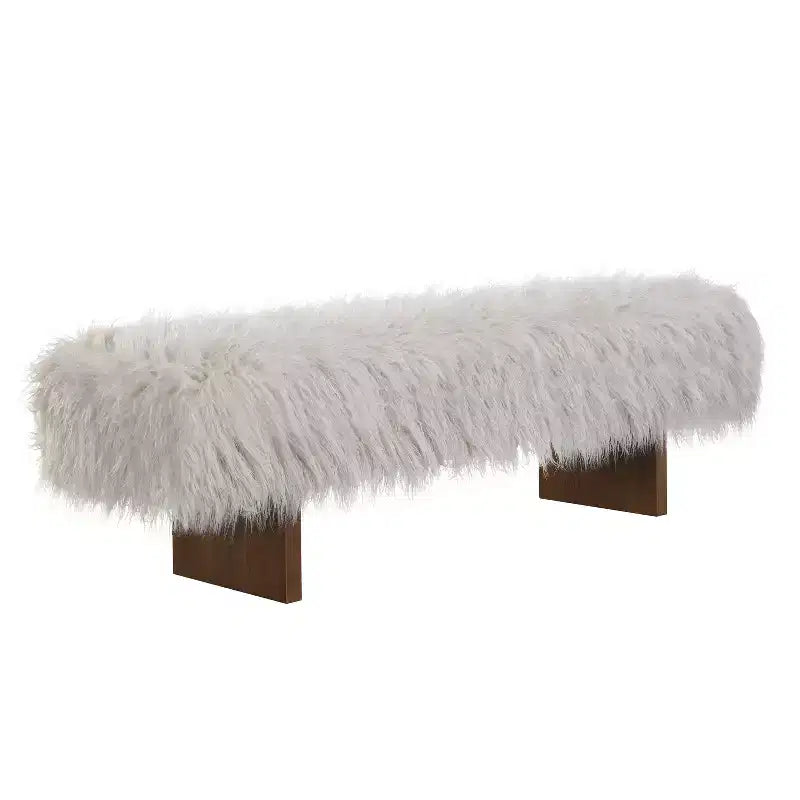 Panca pouf imbottita Robusta panca in finta lana a pelo lungo con gambe in legno massello di gomma Marrone
