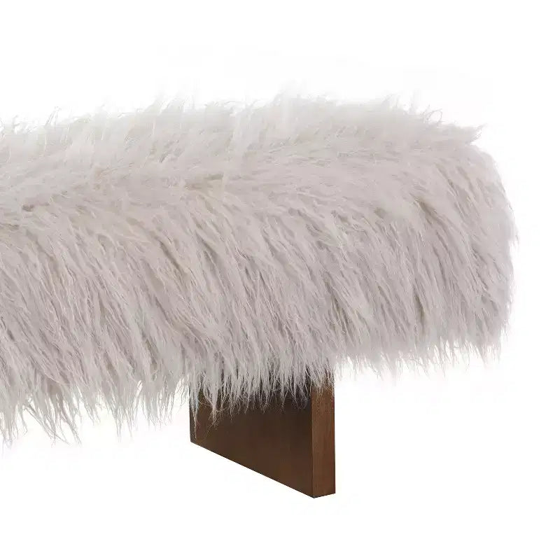 Panca pouf imbottita Robusta panca in finta lana a pelo lungo con gambe in legno massello di gomma Marrone
