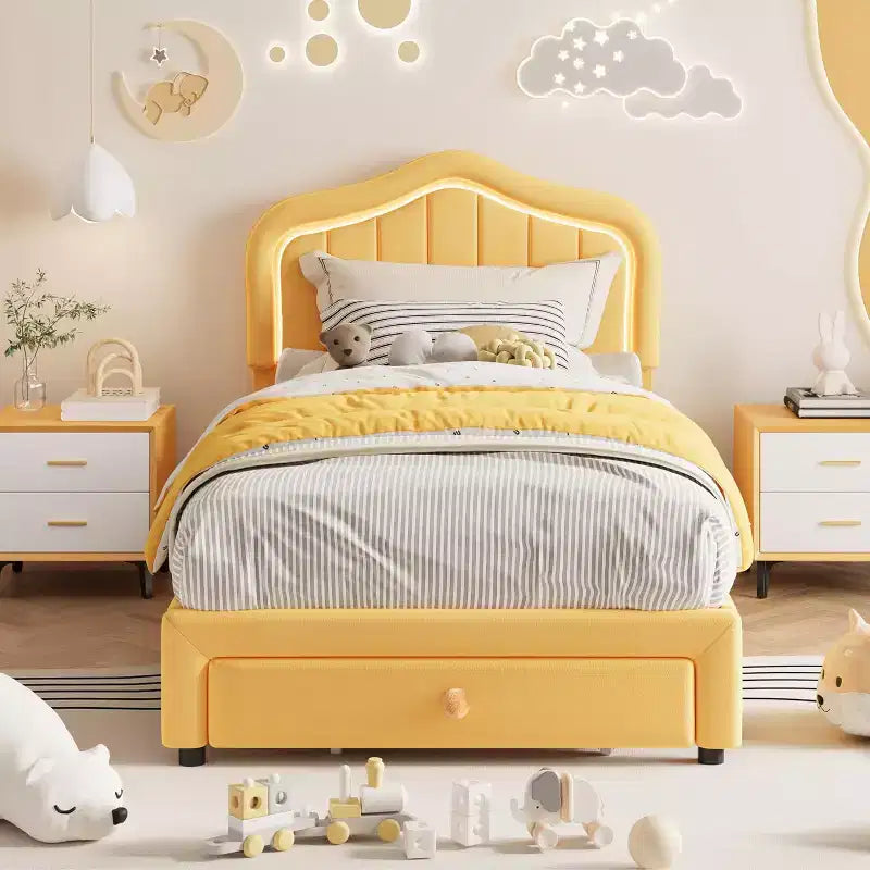 Telaio letto imbottito singolo con cassetto portaoggetti e testiera smart a LED, piattaforma a una piazza e mezza per bambini, supporto a doghe in legno, non è necessaria la rete a molle.
