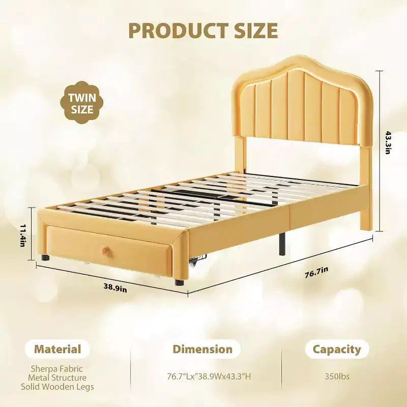 Telaio letto imbottito singolo con cassetto portaoggetti e testiera smart a LED, piattaforma a una piazza e mezza per bambini, supporto a doghe in legno, non è necessaria la rete a molle.