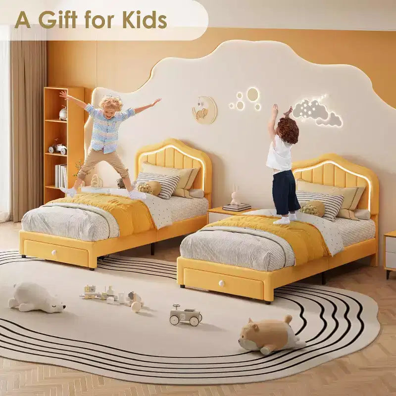 Telaio letto imbottito singolo con cassetto portaoggetti e testiera smart a LED, piattaforma a una piazza e mezza per bambini, supporto a doghe in legno, non è necessaria la rete a molle.