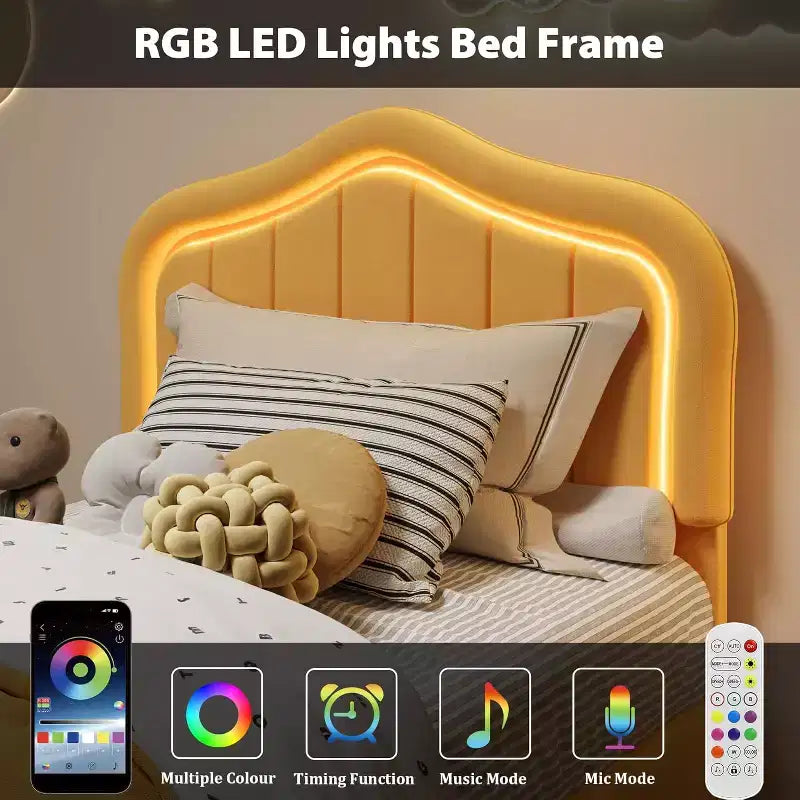 Telaio letto imbottito singolo con cassetto portaoggetti e testiera smart a LED, piattaforma a una piazza e mezza per bambini, supporto a doghe in legno, non è necessaria la rete a molle.