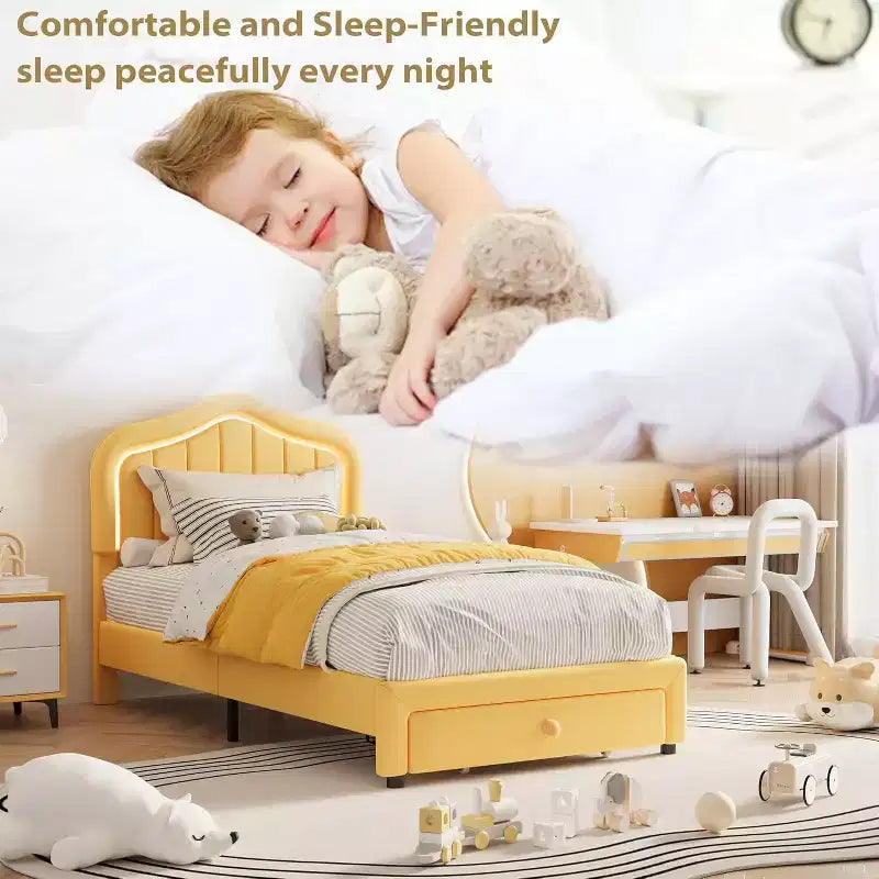 Telaio letto imbottito singolo con cassetto portaoggetti e testiera smart a LED, piattaforma a una piazza e mezza per bambini, supporto a doghe in legno, non è necessaria la rete a molle.