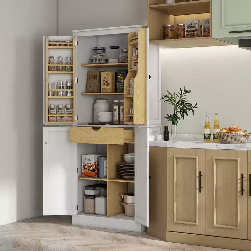 Dispensa da cucina da 72" mobile moderno alto da cucina con 5 ripiani contenitori 8 portaspezie cassetto