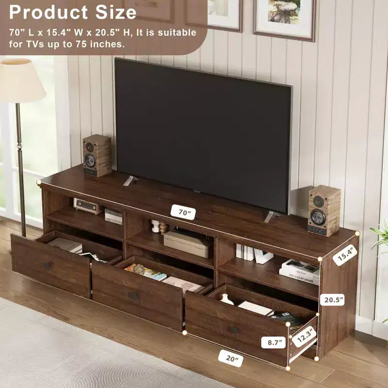 Mobile TV da 70 pollici per televisori fino a 80 pollici, mobiletto porta TV moderno di metà secolo con cassetto e ripiani aperti, console TV, mobile multimediale per camera da letto